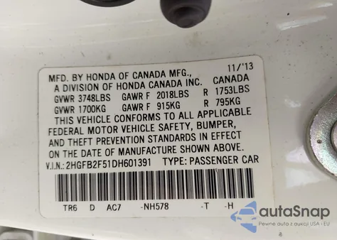 2013 Honda Civic Lx из США, поврежденный, VIN 2HGFB2F51DH601391